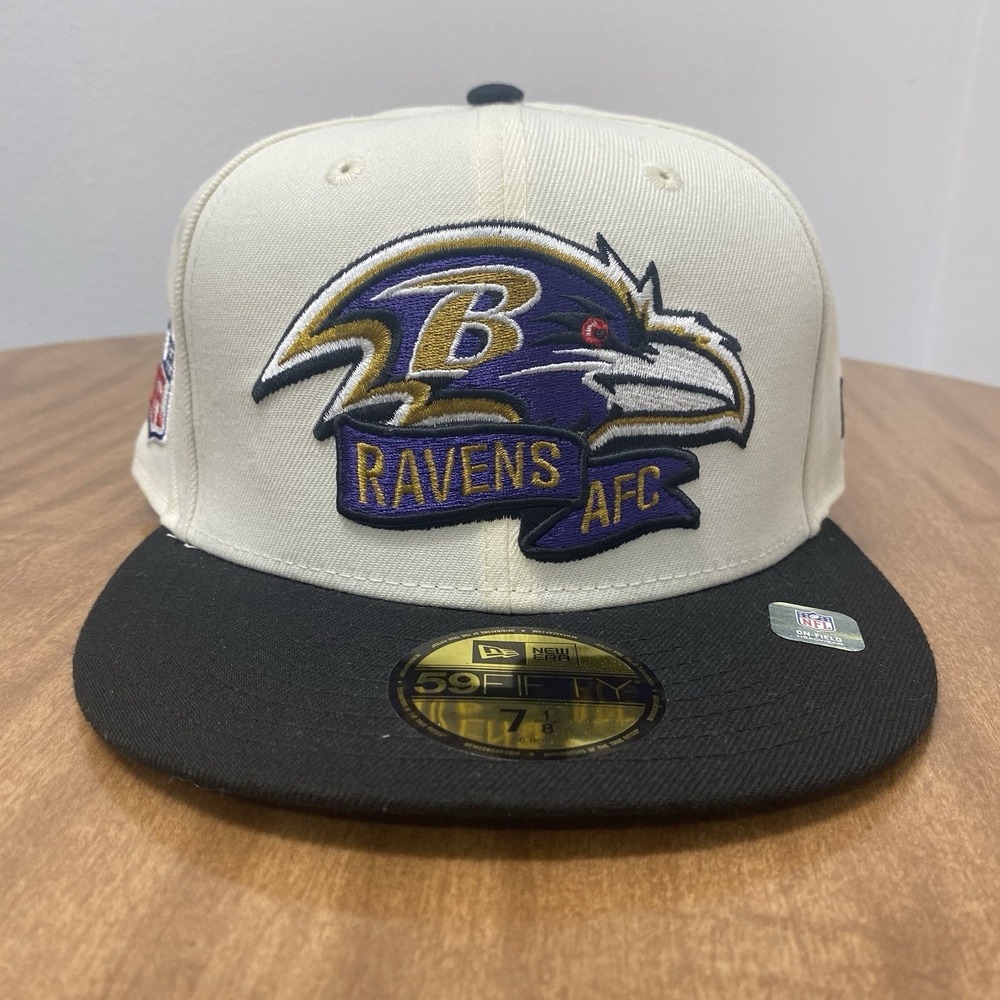 New Era Baltimore Ravens On-Field Cap 59Fifty NFL 7 1/8 Fitted Hat Black Cream
